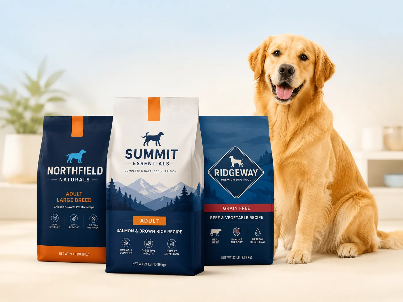 Dog sitting beside bags of dog food